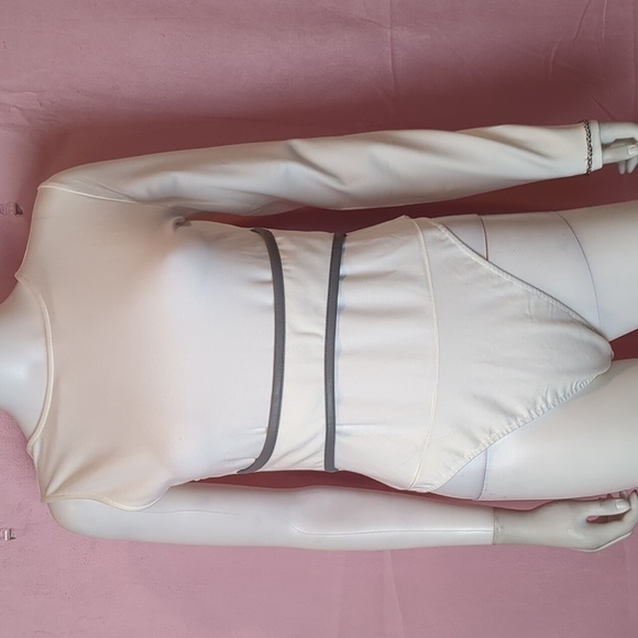 Maniere De Voir White Bodysuit with Faux Leather Trim Banded Waist size UK 14 - Picture 1 of 8